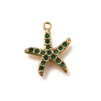 304 Stainless Steel Micro Pave Cubic Zirconia Pendants, Starfish Charms, Ion Plating(IP), Golden, Green, 13.5x12x2mm, Hole: 1mm