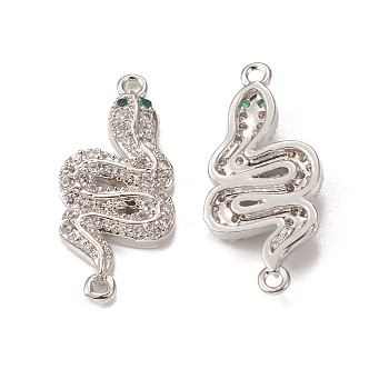 Brass Micro Pave Clear & Green Cubic Zirconia Connector Charms, Snake Links, Platinum, 23x11x2mm, Hole: 1mm