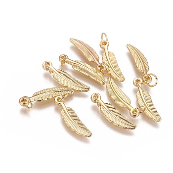 Brass Pendants, Long-Lasting Plated, Feather, Golden, 21.5x5x1.5mm, Hole: 4mm