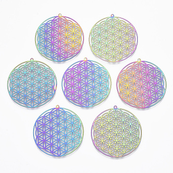 Ion Plating(IP) 201 Stainless Steel Filigree Pendants, Spiritual Charms, Etched Metal Embellishments, Flower of Life, Rainbow Color, 37x35x0.4mm, Hole: 1.2mm