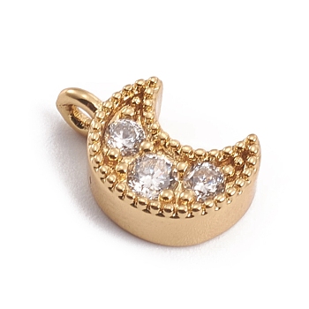 Brass Micro Pave Cubic Zirconia Charms, Moon, Clear, Golden, 10.5x7x3.5mm, Hole: 1.2mm