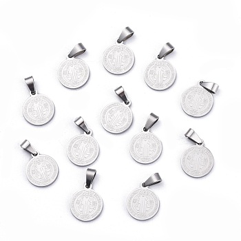 Flat Round with San Benito & Word 304 Stainless Steel Charms, Stainless Steel Color, 14x12x1.2mm, Hole: 4x6.5mm