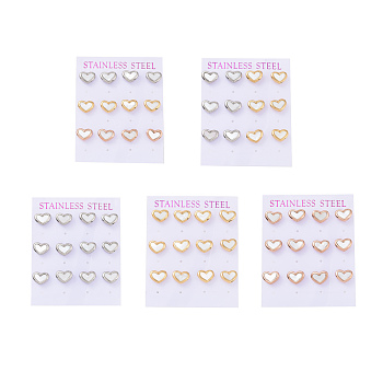 Heart 304 Stainless Steel Shell Stud Earrings, with Ear Nut, Mixed Color, 9x11mm, Pin: 0.8mm, 6 pairs/card