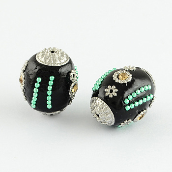 Oval Handmade Grade A Rhinestone Indonesia Beads, with Alloy Silver Color Plated Metal Color Cores, Black, 23x19mm, Hole: 2mm
