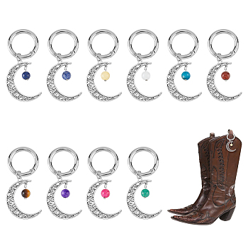 20Pcs 10 Style Tibetan Style Gemstone Bead Shoe Charms, with Alloy Moon & Spring Gate Rings, Antique Silver, 70mm, 2pcs/style