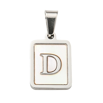 304 Stainless Steel Pave Natural White Shell Pendants, Rectangle with Letter Charms, Stainless Steel Color, Letter D, 17.5x12x1.5mm, Hole: 6x3mm