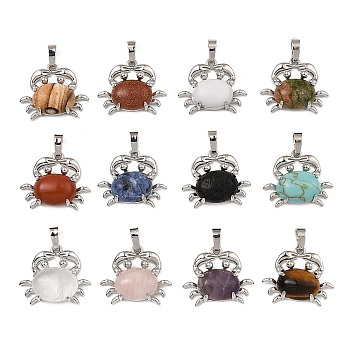 Rack Plating Brass Pendants, with Natural & Synthetic Mixed Gemstone, Crab Charms, Platinum, Mixed Dyed and Undyed, 22x26.5x7mm, Hole: 8x5mm