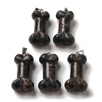 Natural Sesame Jasper Pendants, Dog Bone Charms with Platinum Iron Snap on Bails, 36~37x19.5~21x11~12.5mm, Hole: 7x4mm