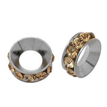 Brass Rhinestone Spacer Beads, Grade A, Rondelle, Platinum Metal Color, Lt.Col.Topaz, 9x4mm, Hole: 4mm
