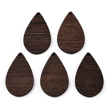Natural Wenge Wood Pendants, Undyed, Teardrop Charms, Coconut Brown, 38x23.5x3.5mm, Hole: 1.8mm