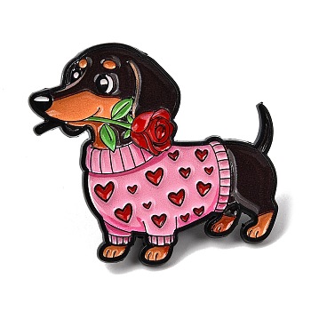 Dachshund in Heart Sweater with Rose Flower Enamel Pins, Alloy Lapel Pin Backs for Backpack Clothes, Pink, 30x32.5mm