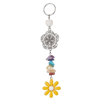 Flower Resin Keychains, with Chakra Gemstone Chip and 304 Stainless Steel Split Key Rings and Tibetan Style Alloy Links, Gold, 14.5cm