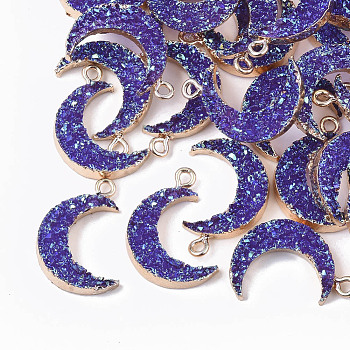 Druzy Resin Pendants, with Edge Light Gold Plated Iron Loops, AB Color Plated, Moon, Indigo, 23~24x15.5x5mm, Hole: 1.8mm