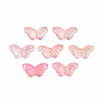 Transparent Spray Painted Glass Beads, with Glitter Powder, Butterfly, Salmon, 8x15x5mm, Hole: 0.9mm