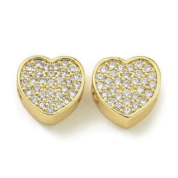 Rack Plating Brass Micro Pave Cubic Zirconia Beads, Long-Lasting Plated, Lead Free & Cadmium Free, Heart, Real 18K Gold Plated, 10x10.5x5mm, Hole: 3mm