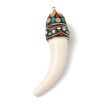 Brass & Resin & Polymer Clay & Natural Shell Big Pendants, Horn Cornicello Charm, Wheat, 91~93.5x22.5~24x23.5~24.5mm, Hole: 4~4.5x4.5~5mm