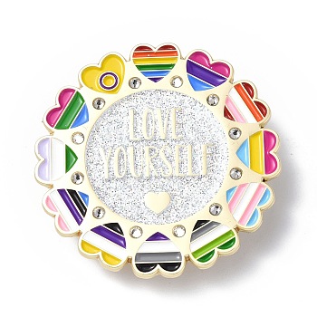 Rainbow Color Pride Heart Enamel Pin with Rhinestone, Light Gold Alloy Word Love Yourself Brooch for Backpack Clothes, Colorful, 45.5x1.5mm