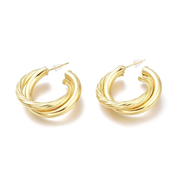 Brass Half Hoop Earrings, with Steel Pin and Plastic Ear Nuts, Long-Lasting Plated, Real 18K Gold Plated, 31x32x8.7mm, Pin: 0.7mm