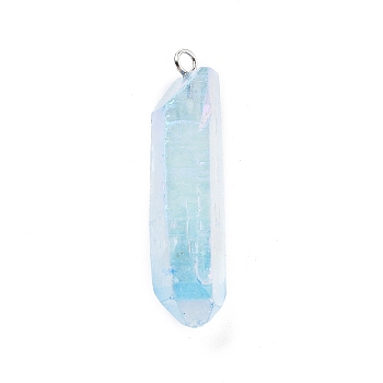 Electroplated Natural Quartz Pendants, with Brass Findings, Bullets, Pointed Pendants, Platinum, Light Sky Blue, 40~65x7~15mm, Hole: 3mm