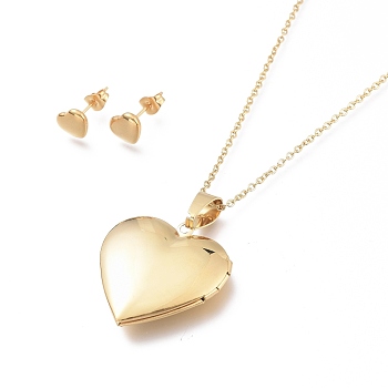Heart Locket Pendant 304 Stainless Steel Jewelry Sets, Cable Chains Necklaces and Stud Earrings, with Ear Nuts and Lobster Claw Clasps, Golden, 19.56 inch(49.7cm), 7x9mm, Pin: 0.7mm