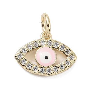 Real 18K Gold Plated Brass Micro Pave Cubic Zirconia Charms, with Enamel and Jump Ring, Evil Eye Charms, Pink, 10.5x14.5x2.5mm, Hole: 4mm