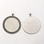 Tibetan Style Alloy Flat Round Pendant Cabochon Bezel Settings, Cadmium Free & Lead Free, Antique Silver, Tray: 40mm, 57x48x2mm, Hole: 5x7mm, about 78pcs/kg(PALLOY-J494-44AS)
