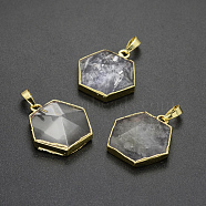 Natural Quartz Crystal Pendants, Rock Crystal Pendants, with Golden Plated Brass Findings, Hexagon, 28~30x28~30x10~11.5mm, Hole: 8x5mm(G-D705-04G)
