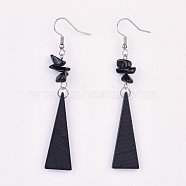Pear Wood Dangle Earring, with Natural Obsidian Chip Beads and Brass Earring Hooks, Triangle, Platinum, 78mm, Pin: 0.7mm(EJEW-JE03156-03)