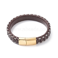 Leather Braided Cord Bracelets, 304 Stainless Steel Magnetic Clasp, Rectangle, Golden, Coconut Brown, 8-5/8 inch(22cm), 12x6mm(BJEW-E345-15C-G)