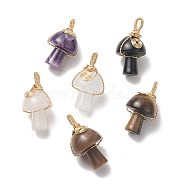 6Pcs Natural Mixed Gemstone Copper Wire Wrapped Pendants, Mushroom Charms, Golden, 28~31.5x17~18mm, Hole: 5x3mm(PALLOY-JF01968)