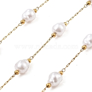 Ion Plating(IP) 304 Stainless Steel Paperclip Chains, Soldered, with ABS Imitation Pearl Beads, Oval, Real 18K Gold Plated, 7.5x6.5mm, about 16.40 Feet(5m)/Roll(CHS-P018-03C-G)