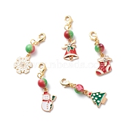 Christmas Theme Alloy Enamel Pendant Decorations, with Brass Lobster Claw Clasps and Spray Painted Resin Round Beads, Bell/Tree/Sock/Snowman/Snowflake, Mixed Color, 46~48mm(HJEW-JM00749)