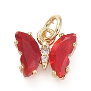 Brass Micro Pave Clear Cubic Zirconia Pendant, with Glass, Butterfly, Golden, Red, 12.5mm(ZIRC-P079-B01-04)