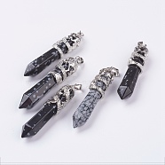 Natural Snowflake Obsidian Big Pointed Pendants, with Alloy Findings, Faceted, Bullet, Platinum, 59~63x11~12mm, Hole: 4x7mm(G-G738-A-20)