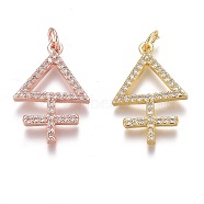 Brass Micro Pave Clear Cubic Zirconia Pendants, Long-Lasting Plated, With Jump Rings, Triangle with Cross, Mixed Color, 23x16x2mm, Hole: 3mm, Jump Ring: 5x1mm(ZIRC-Z008-25)