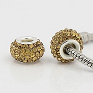 Grade A Rhinestone European Beads, Large Hole Beads, Resin, with Silver Color Plated Brass Core, Rondelle, Light Colorado Topaz, 15x10mm, Hole: 5mm(CPDL-H001-13)