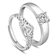 SHEGRACE Adjustable Rhodium Plated 925 Sterling Silver Couple Rings, with Grade AAA Cubic Zirconia, Platinum, Size 9, 19mm, Size 7, 17mm(JR747A)