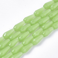 Glass Beads Strands, Imitation Jade, Faceted, Teardrop, Pale Green, 9~10x4mm, Hole: 1mm, about 72pcs/Strand, 26.38~27.17 inch(67~69cm)(GLAA-T009-003C)
