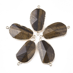 Electroplate Natural Tiger Eye Links Connectors, with Golden Iron Findings, Nuggets, 42~46x23.5x7~9mm, Hole: 1.8mm(G-S344-70D-01)