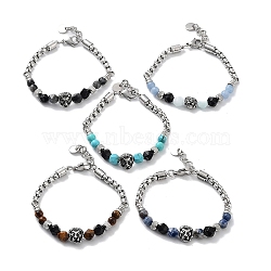 Lion Head Natural & Synthetic Mixed Gemstone Beaded Bracelets with 201 Stainless Steel Lobster Claw Clasps, 9-3/8 inch(23.7cm)(BJEW-Q334-11)