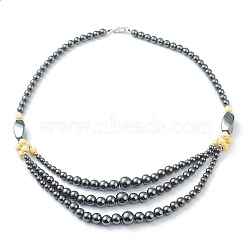 Non-Magnetic Synthetic Hematite & Turquoise Beades 3 Layer Necklaces, with Alloy Lobster Claw Clasps, Round & Twistd, Lemon Chiffon, 20.27 inch(51.5cm), Twistd: 20x9.5x9.5mm(NJEW-H307-01B)