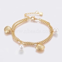 304 Stainless Steel Charm Bracelets, with Lobster Claw Clasps and Acrylic Imitation Pearl, Shell, Golden, 7-1/8 inch(18cm), Pendant: 11~14x8~13x4~8mm(BJEW-K205-13G)