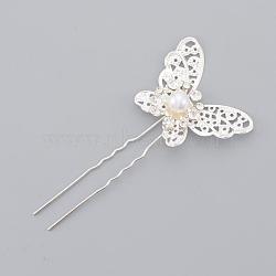 Wedding Bridal Hair Forks, with Rhinestones and ABS Plastic Imitation Pearl Beads, Platinum, 80~84mm(OHAR-Q105-01)