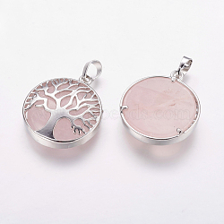 Natural Rose Quartz Pendants, with Brass Findings, Platinum, Flat Round with Tree, 31x27x6.5~7mm, Hole: 5x8mm(X-G-E388-02P)