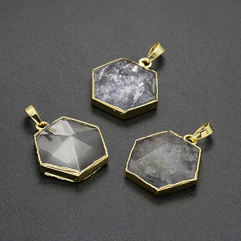 Natural Quartz Crystal Pendants, Rock Crystal Pendants, with Golden Plated Brass Findings, Hexagon, 28~30x28~30x10~11.5mm, Hole: 8x5mm