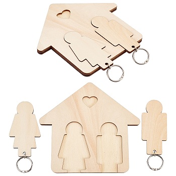 Gorgecraft Unfinished Wood Wall Keychain Rack Hooks, with 2Pcs Wood Keychains, House with Human, Moccasin, 14x151.3cm