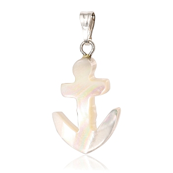Natural Trochid Shell/Trochus Shell Pendants, with Platinum Tone Zinc Alloy Findings, Anchor Charm, 24x14.5x4mm, Hole: 6x2.5mm