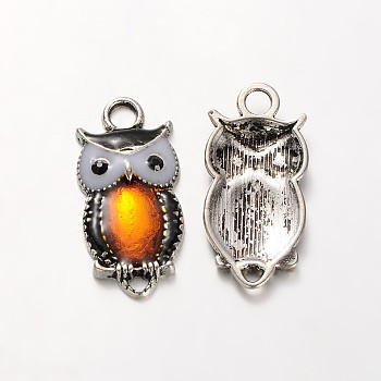 Owl Antique Silver Tone Alloy Rhinestone Enamel Pendants, Orange, 26x13x3mm, Hole: 3mm