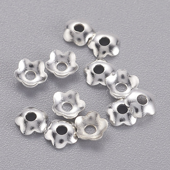 Brass Bead Caps, Flower, Nickel Free, Silver Color Plated, 4mm, about 350pcs/10g