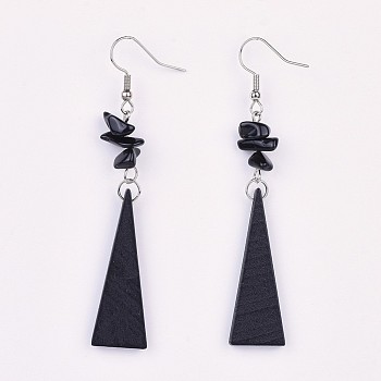 Pear Wood Dangle Earring, with Natural Obsidian Chip Beads and Brass Earring Hooks, Triangle, Platinum, 78mm, Pin: 0.7mm